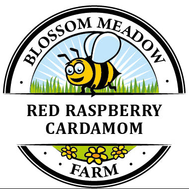 Logo of Blossom Meadow Farm and the label Red Raspberry Cardamom Jam  with a bee and flowers on a white background